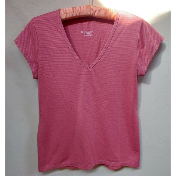 Stonewear Womens V-Neck Pink Stripe T-Shirt Size Medium Short Sleeve Made in USA - Picture 1 of 7